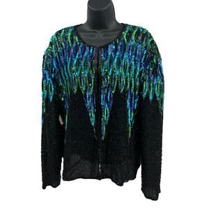 Patchouli Silk Jacket WMNS XL Black Green Blue Beaded Sequin Statement Coat Vtg